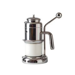 A chrome coffee maker with a white ceramic component.