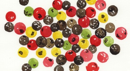 Vibrant Watercolor Scatter Colorful round candies in shades of red green yellow and brown with subtle textures