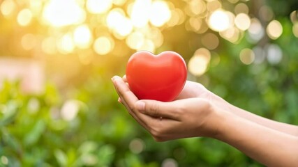 Close-up of hands holding a red heart shape with defocused bright sunlight and green foliage in the background, representing love and kindness