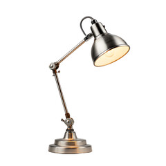 A brushed nickel desk lamp with adjustable arm.