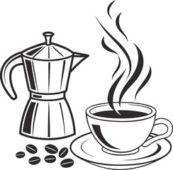 Vector icon of classic moka pot coffee maker espresso stovetop brewer  and cup of coffee