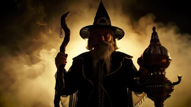 Elderly wizard holding staff and potion in dark misty atmosphere  