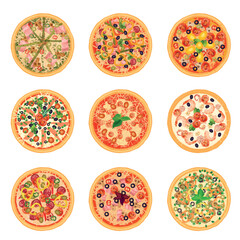 Different pizza food icons set collection isolated.