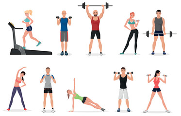 Sport gym people set with dumbbells, barbells and fitness tools. Man and women fitness