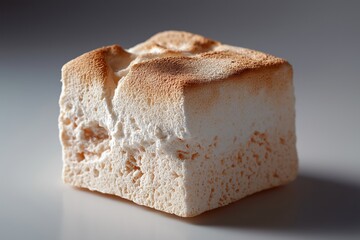 Close-up of toasted marshmallow cube with golden brown edges