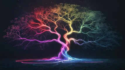 Neon-style tree responding to initial glow and pulsing rainbow colors on dark ground, roots glowing - Powered by Adobe