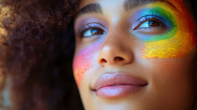 Woman with rainbow makeup exuding vibrant diversity and creativity.