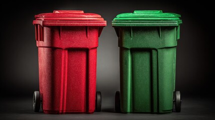 Red and green bins in bold contrast over black-to-gray fade background