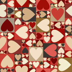 Bold heart pattern with retro poster colors and graphic squares in seamless vector design