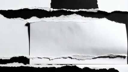Fragmented composition featuring torn white paper pieces layered over a black background, contrasting textures, and abstract forms - Powered by Adobe