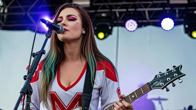 Powerful female vocalist rocks the stage guitar in hand electrifying performance unforgettable energy - Powered by Adobe