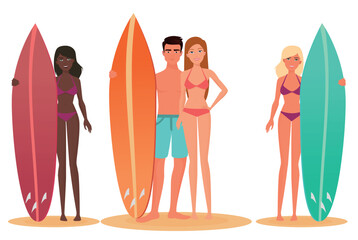 Man and woman surfer standing, holding a surfboard. Cartoon people couple surfers. White and black african young people