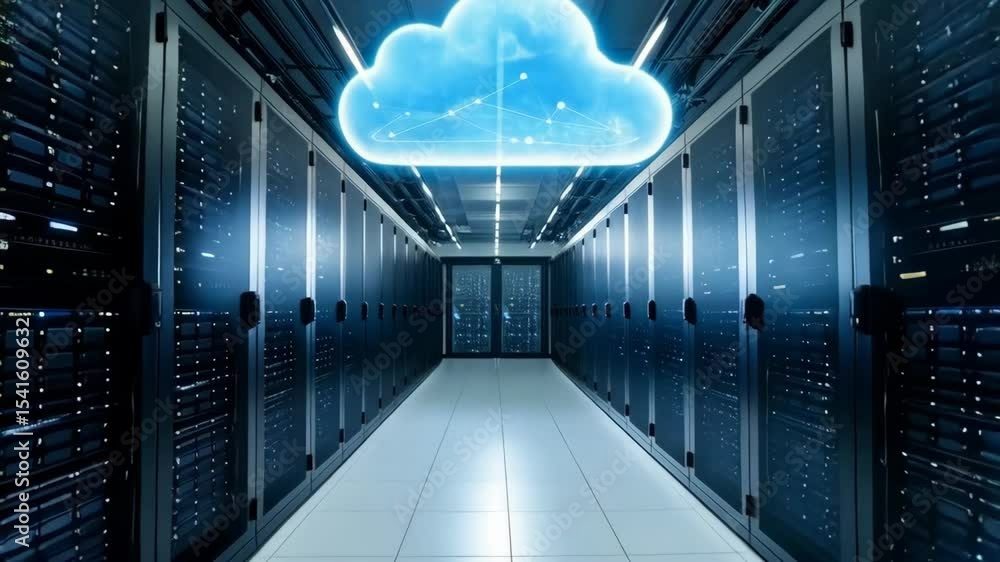 Poster data center server room with cloud computing illustration and network connection, information storag