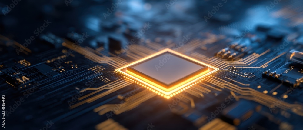 Poster the modern microprocessor glowing on a complex circuit board design.