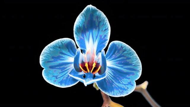 Blue phalaenopsis orchid flowers bloomed on a black background. Time lapse, close-up. Wedding background, Valentine's Day concept. Time Lapse