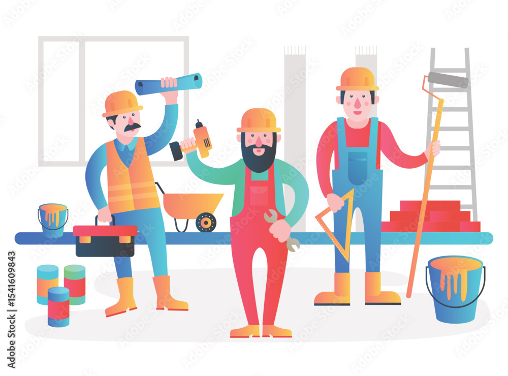 Aufkleber home workers vector characters team. friendly workers in workwear uniform standing together. modern 