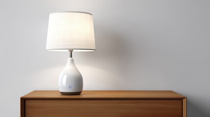 Smart home lamp glowing faintly on plain white background