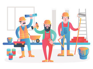Home workers vector characters team. Friendly workers in workwear uniform standing together. Modern gradient flat vector illustration