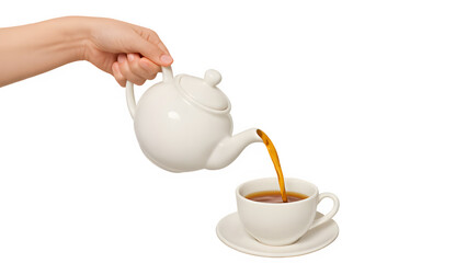 Hand Pouring Tea from Teapot into Cup, Isolated on Transparent Background (tea, pouring, hand, beverage, drink, hot, herbal, green, black, infusion, brew, cup, teapot, serving, isolated, transparent)
