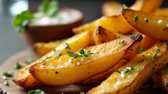 Crispy golden potato wedges garnished with herbs and served with dipping sauce in a cozy setting