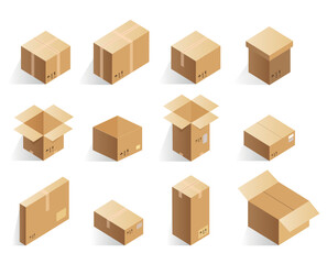 Isometric realistic cardboard delivery boxes. Opened, closed logistic box