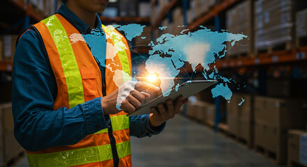 Global Logistics Management. Warehouse worker uses a tablet displaying a virtual world map for real-time inventory, supply chain, and international shipping.