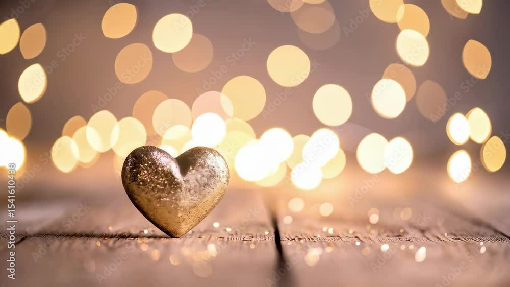 Poster festive shimmering gold heart shape lying on a rustic wooden surface with bokeh light background for