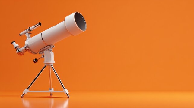 Wide studio shot of large telescope on a fiery orange background with floor reflection