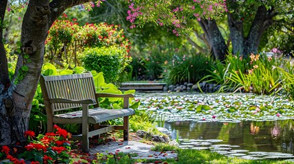 A peaceful garden with blooming flowers a small pond with lily pads and a quaint wooden bench under a flowering tree