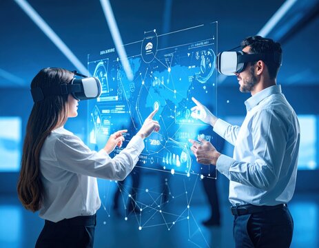 Two business professionals in VR headsets interact with a holographic data display