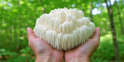 Two cupped hands gently hold a pristine white lion's mane mushroom with its characteristic drooping, icicle-like spines against a softly blurred green forest background.