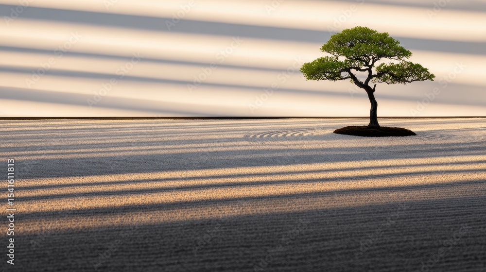 Poster a solitary tree stands in a serene landscape with soft light and shadow patterns