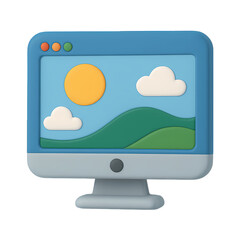 3D illustration of a computer screen displaying a landscape with sun, clouds, and hills. Perfect for web design, digital media, or nature interface concepts