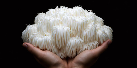 Two cupped hands gently hold a pristine white lion's mane mushroom with its characteristic drooping, icicle-like spines against a black background.