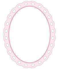 Oval scallop frame in coquette style isolated. Cute round lace border with heart for Valentine's Day cards, Wedding invitations.