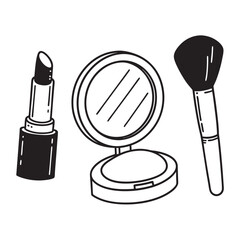 makeup tools set – lipstick, mirror and brush – line art