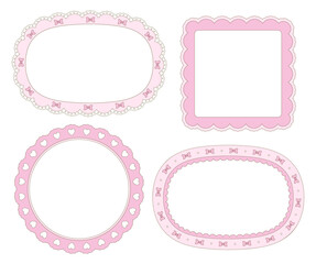 Cute scallop frame in coquette style. Lace border with heart, bow and ribbon for Valentine's Day cards, Wedding invitations.
