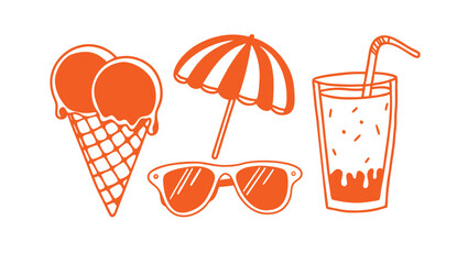 summer icon set – ice cream, sunglasses, umbrella, drink – line art