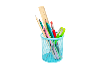 School and office supplies, pens, pencils, ruler, compass in a metal cup on a white background.