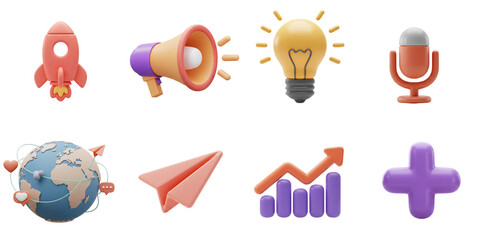 Colorful 3d icons of rocket, megaphone, bulb, microphone, globe, paper plane, graph, plus