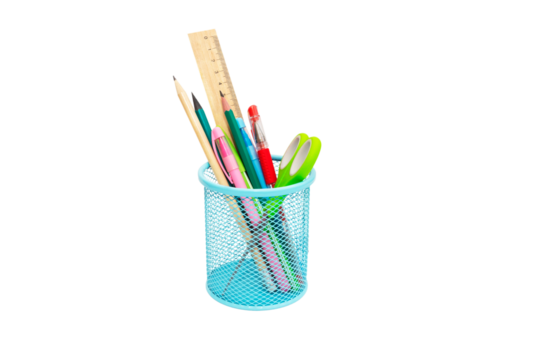School and office supplies, pens, pencils, ruler, compass in a metal cup on a white background.