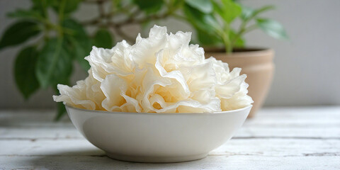 A white ceramic bowl with tremella mushrooms, sits on a wooden surface with green foliage blurred in the background.