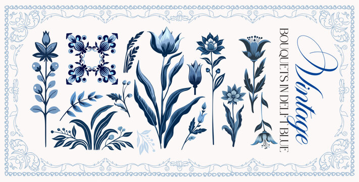Delfts blauw. Set of graceful linear elements (botanical, fantasy) stylized as Delfts painting of the early 18th century. Vector digital illustrations on a color background with text.