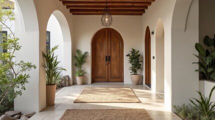 boho mediterranean interior design of modern home entryway hall with arched walls