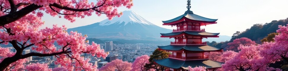 Majestic Fuji, cherry blossoms frame red pagoda , stunning, famous
