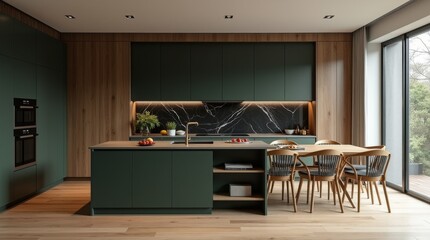 modern interior design of minimalist wooden and dark green kitchen with island black marble