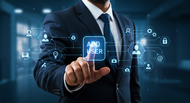 Man in suit interacting with add user interface and various connected digital icons displayed around