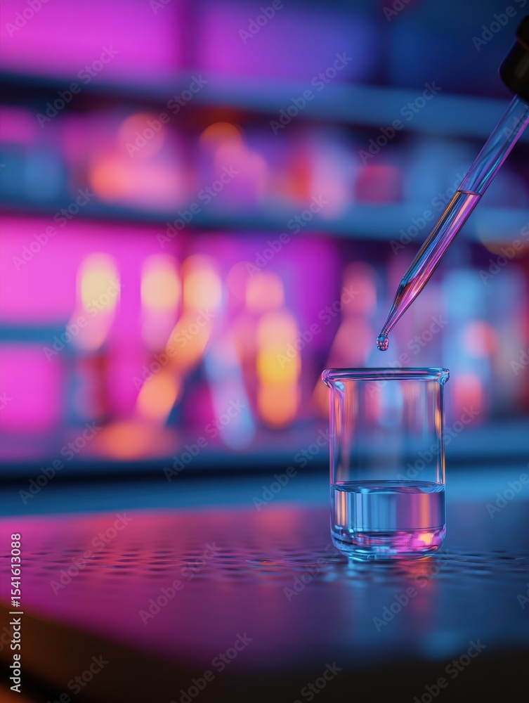Poster close-up of a pipette dispensing liquid into a beaker in a colorful laboratory setting