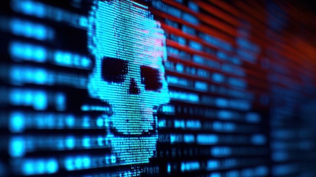 The blue skull symbolizing digital threats in a data-filled environment. - Powered by Adobe