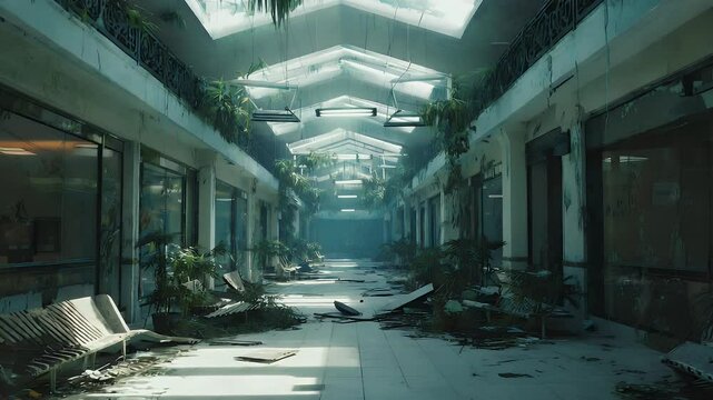 An eerie view of an abandoned shopping mall. Overgrown with plants and showing signs of neglect, it conveys a sense of desolation